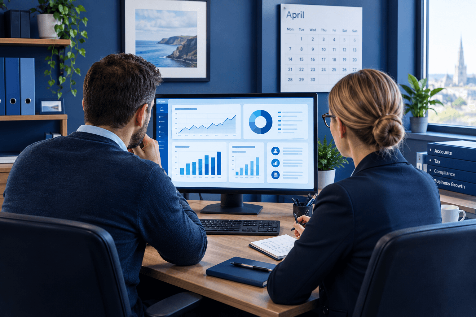 Company directors reviewing a monthly profit and loss report and cash flow chart together.