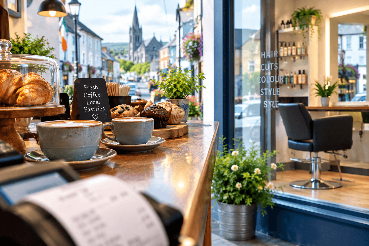 A café counter with a till and receipt, illustrating VAT charged on everyday sales.